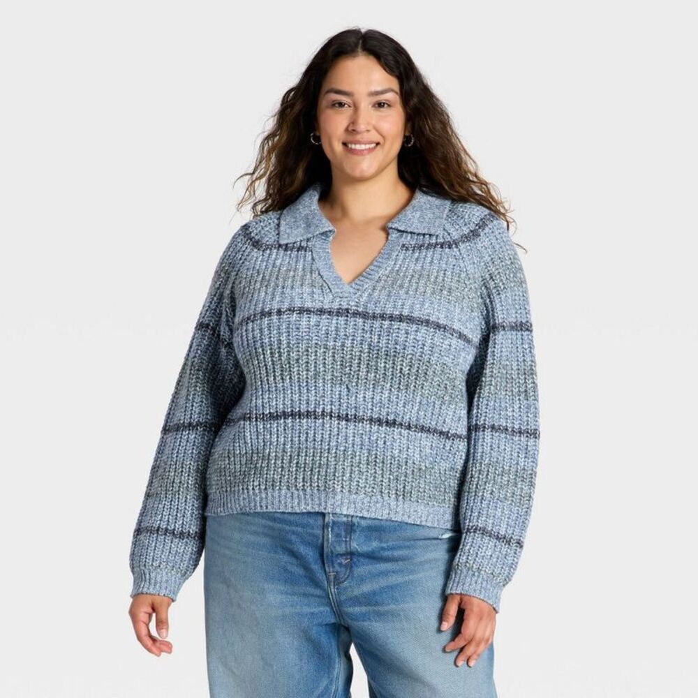 Women's Chunky Polo Collar Pullover Sweater - Universal Thread Blue Striped 4X